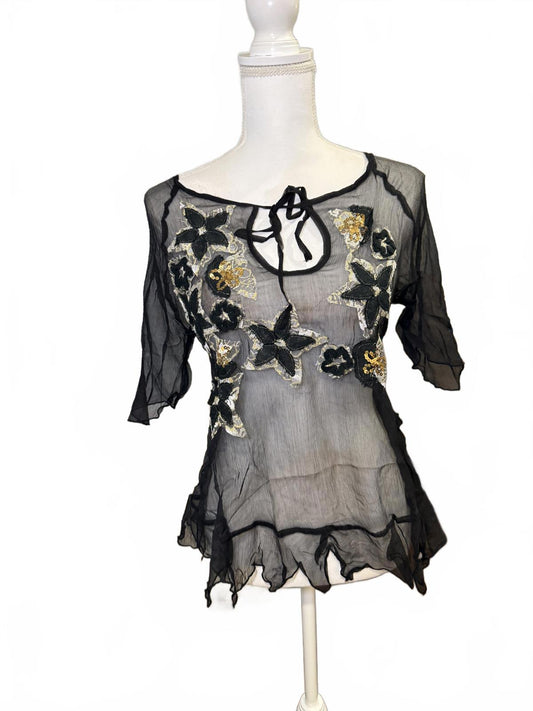 Silk Embellished Y2K Sheer Top, Large (better fits Small/Med)