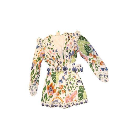 Farm Rio Floral Embroidered Long Sleeve Romper With Belted Waist Button Front And Ruffle Accents Size Small