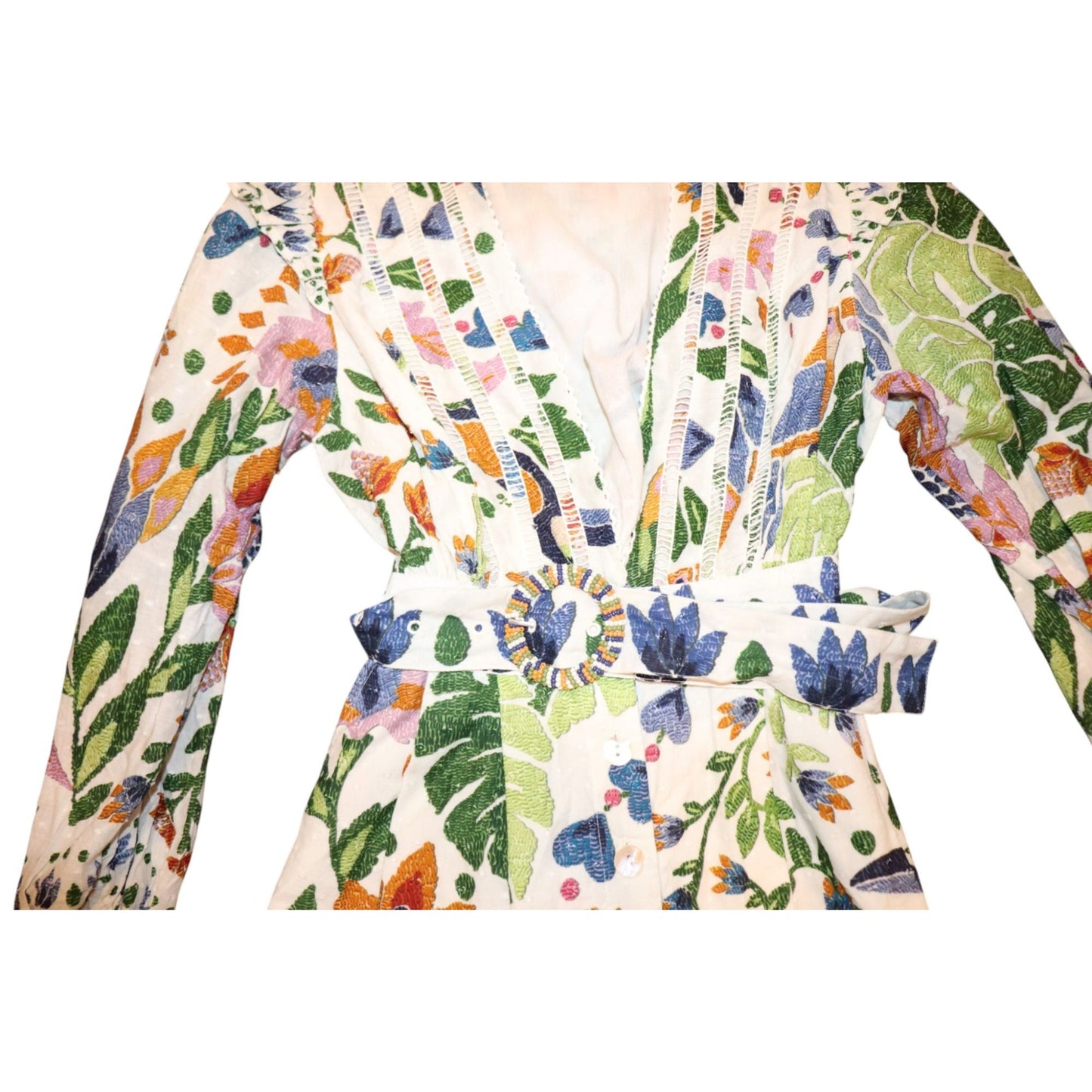 Farm Rio Floral Embroidered Long Sleeve Romper With Belted Waist Button Front And Ruffle Accents Size Small