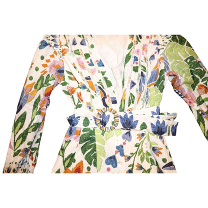 Farm Rio Floral Embroidered Long Sleeve Romper With Belted Waist Button Front And Ruffle Accents Size Small