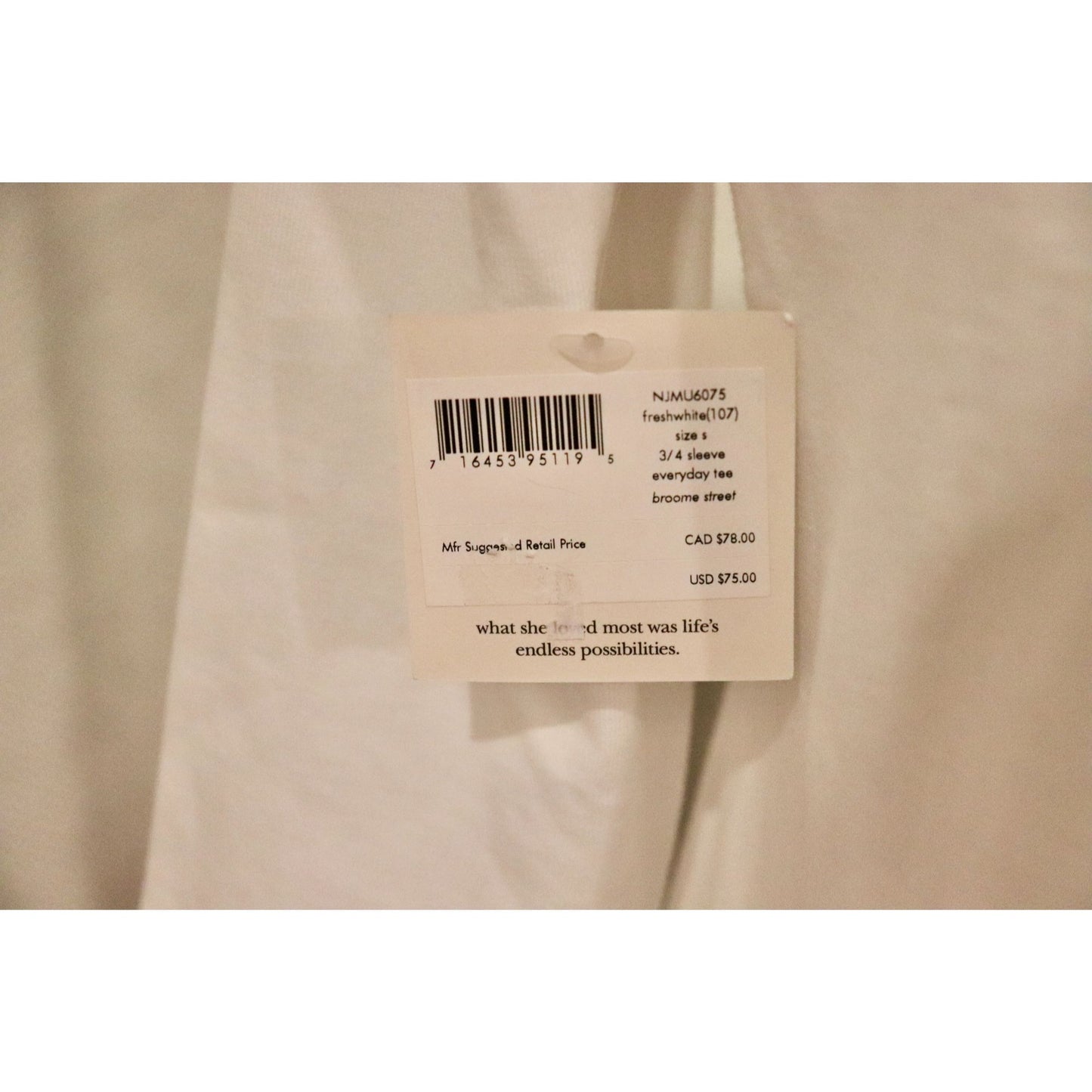 Kate Spade Broome Street 3/4 Sleeve Everyday Tee Fresh White Size S