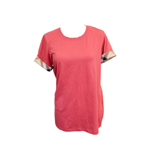 Burberry Ancholme Light Red T-Shirt With Check Cuff Sleeves, Size Large
