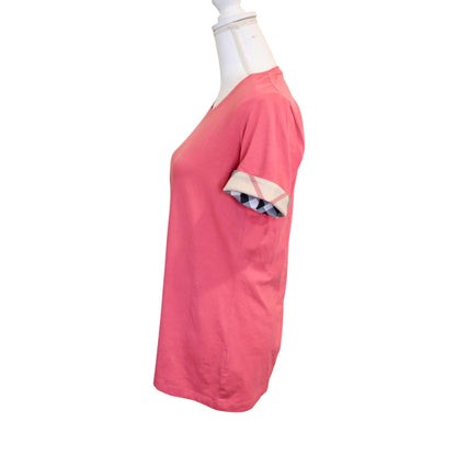 Burberry Ancholme Light Red T-Shirt With Check Cuff Sleeves, Size Large