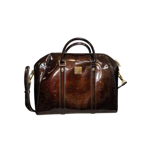 MCM Ivana Patent Boston Satchel, Brown; front view