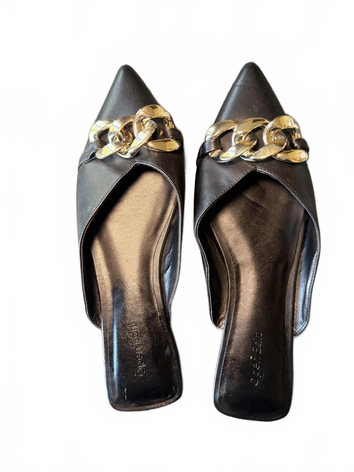 New Open Edit Black Pointed Toe Women's Mules with Chain Accent