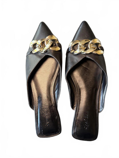 New Open Edit Black Pointed Toe Women's Mules with Chain Accent