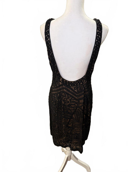 Sue Wong Black Lace Sleeveless Midi Dress with Low Back, 12