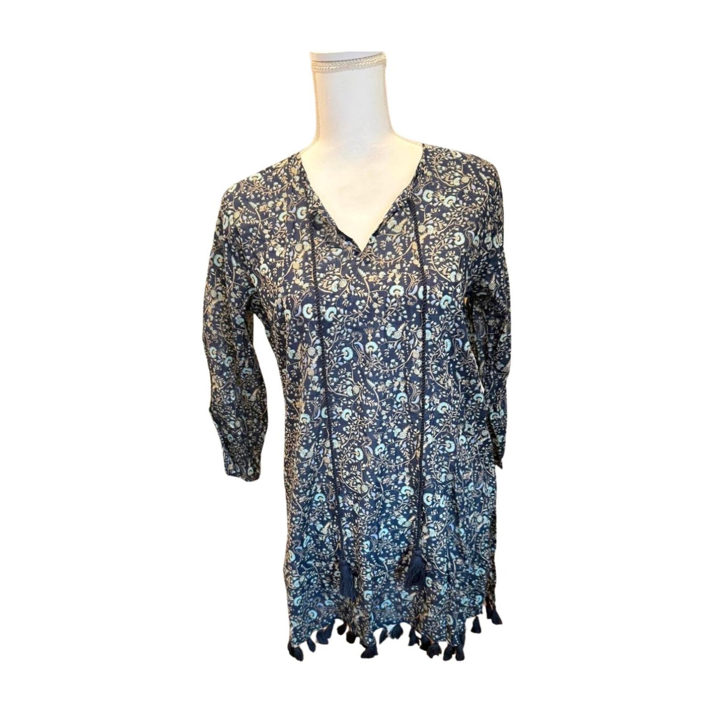 New Roller Rabbit Garden Forest Kurta with Tassels - Blue, Medium