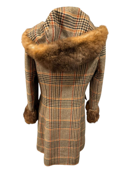 Vintage Pennylane Plaid Wool Coat with Fur Trim, size XS/S