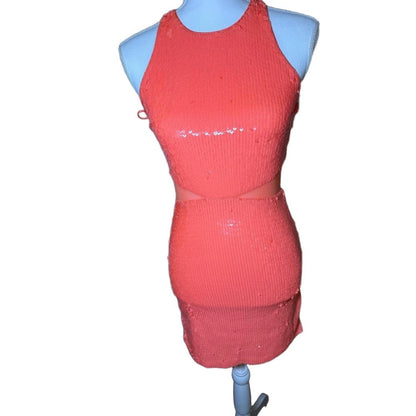Alice + Olivia Mini Dress Womens Size 0 Coral Pink Bodycon Halter Sequin
