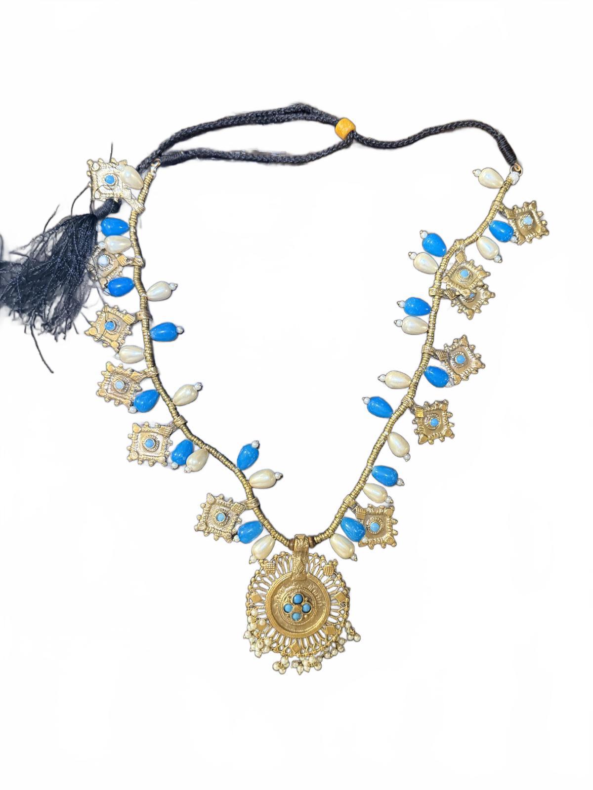 Afghan Brass Necklace with Blue and White Beads