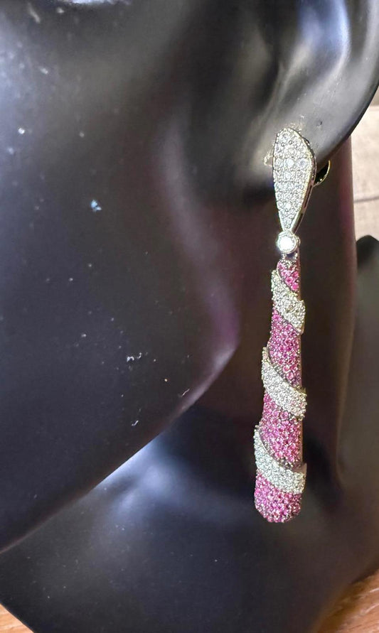 New Nazila Couture Long Pink and Silver Rhinestone Drop Earrings