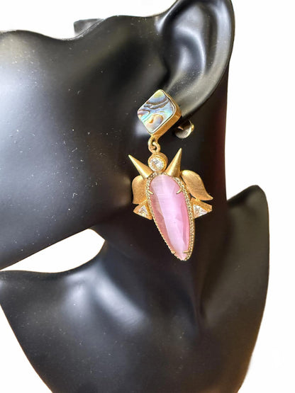 New Nazila Couture Pink Gemstone and Abalone Earrings with Gold Spikes