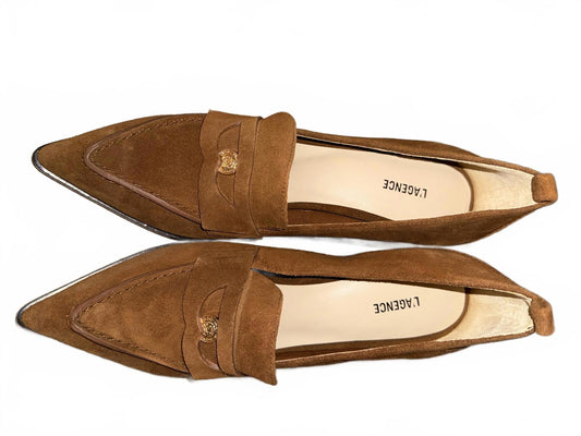 New L'AGENCE Women's Brown Suede Pointed Toe Block Heel Loafers, size 9