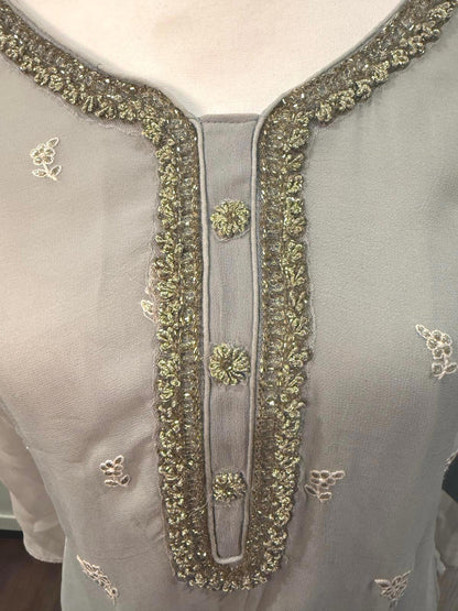 Nazila Couture Blue Gray Handmade Embroidered Silk Kurta Set with Wrap