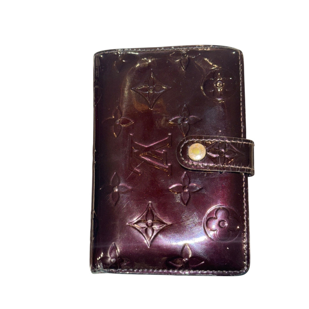 Front view: Louis Vuitton Monogram Vernis Compact Wallet with Dusty and Box