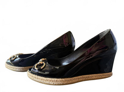 Gucci Black Patent Leather Wedge Heels with Gold Horsebit Detail, EU 39
