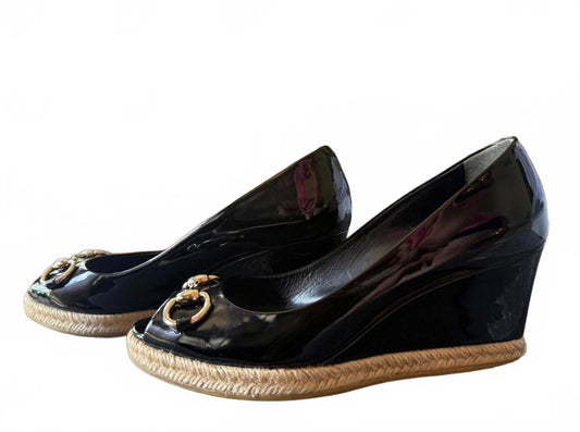 Gucci Black Patent Leather Wedge Heels with Gold Horsebit Detail, EU 39