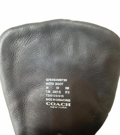 COACH 7.5 Black Leather Women's Motto Boots with Shearling Lining and Buckle Straps