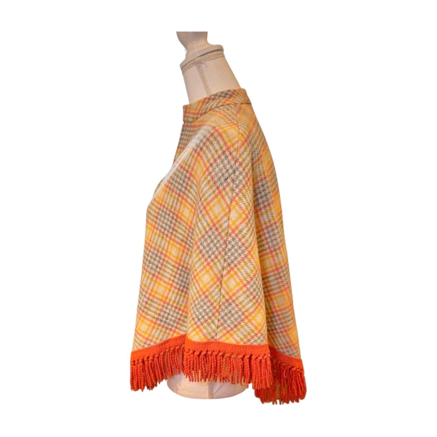 Vintage Women's Plaid Fringe Zip-Up Cape, Small