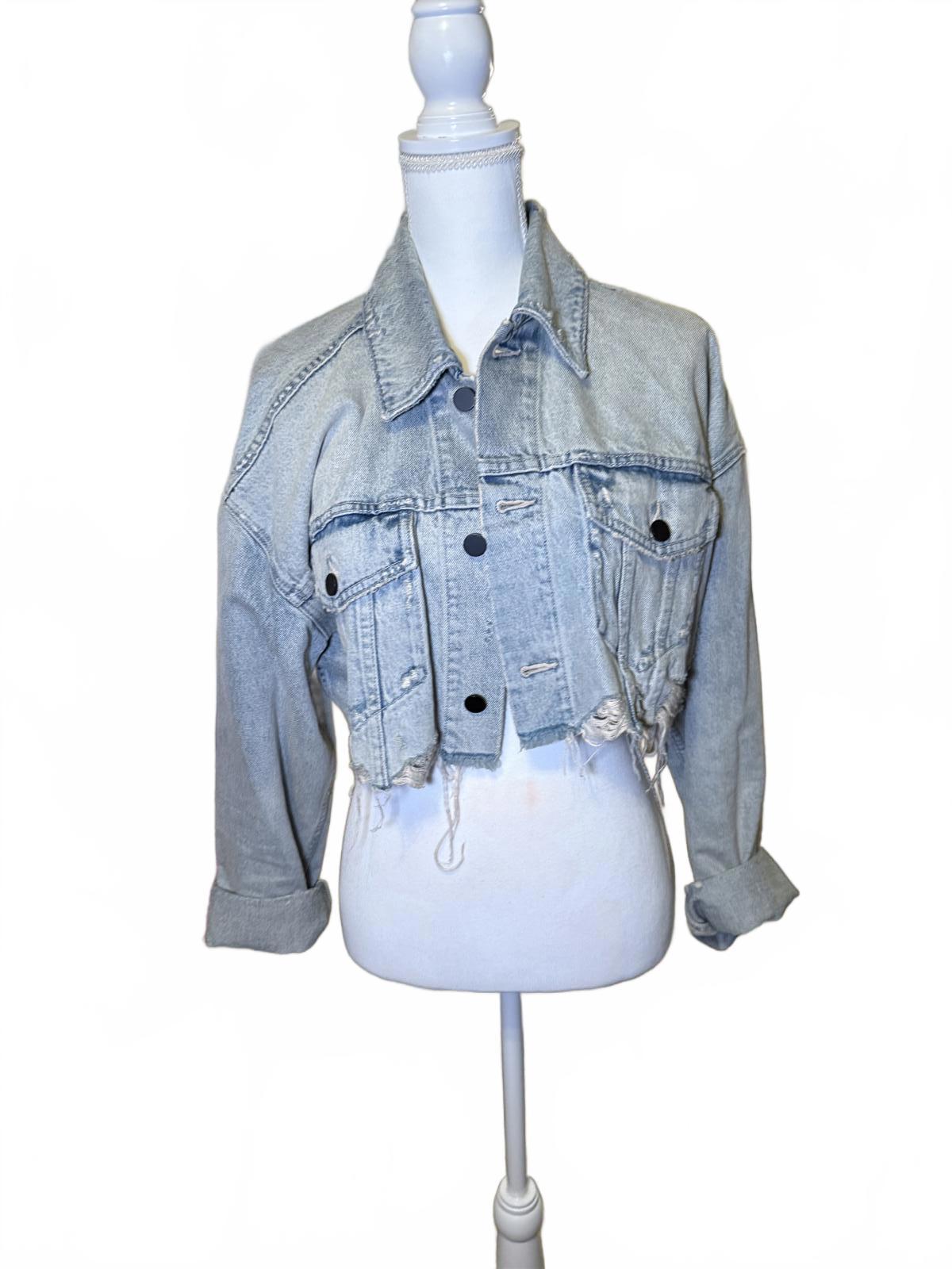 Alexander Wang Cropped Distressed Light Wash Denim Jacket, Medium