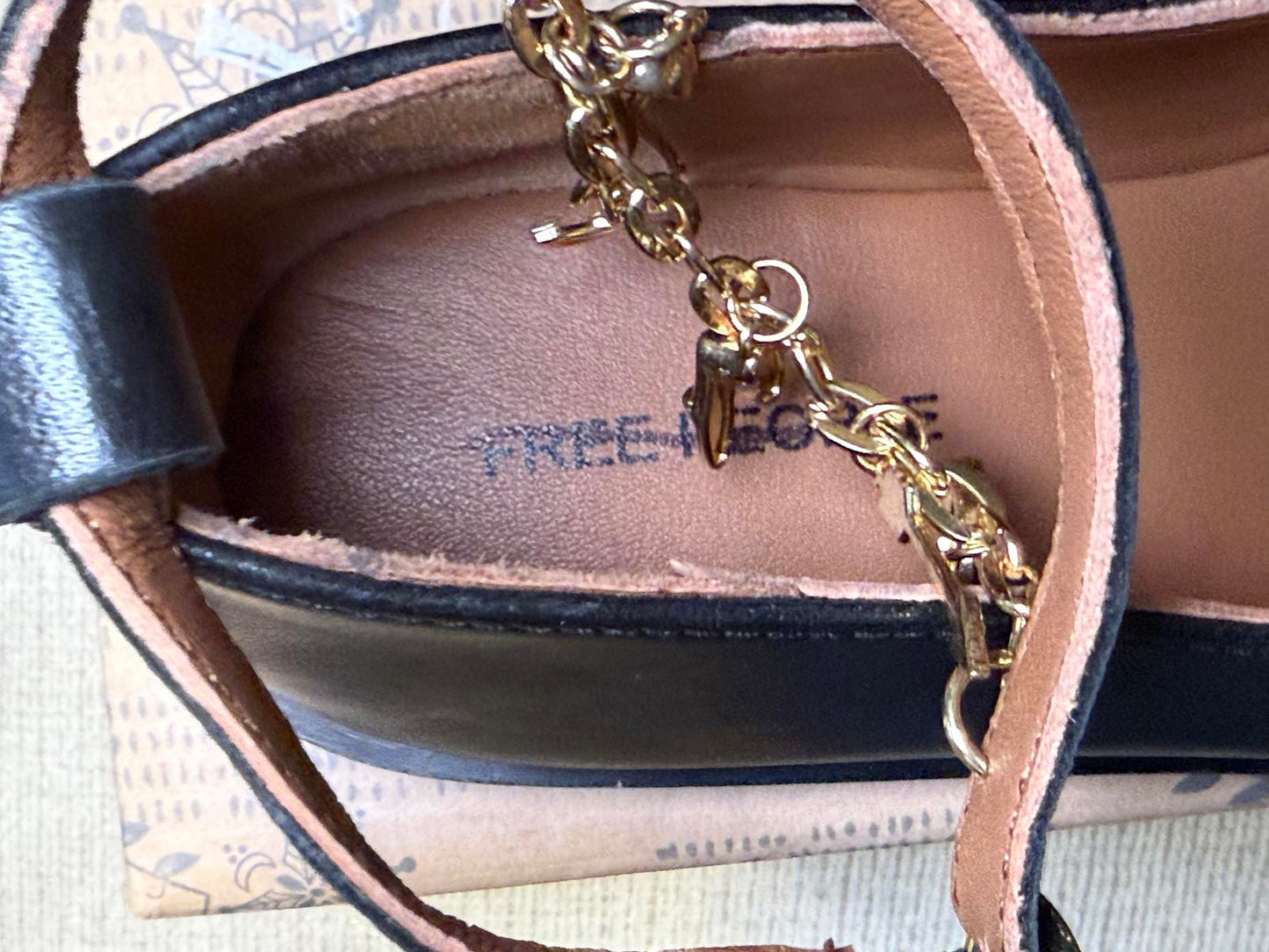 Free People New Mystic Treasures Black Leather Ankle Strap Flats, Size 7