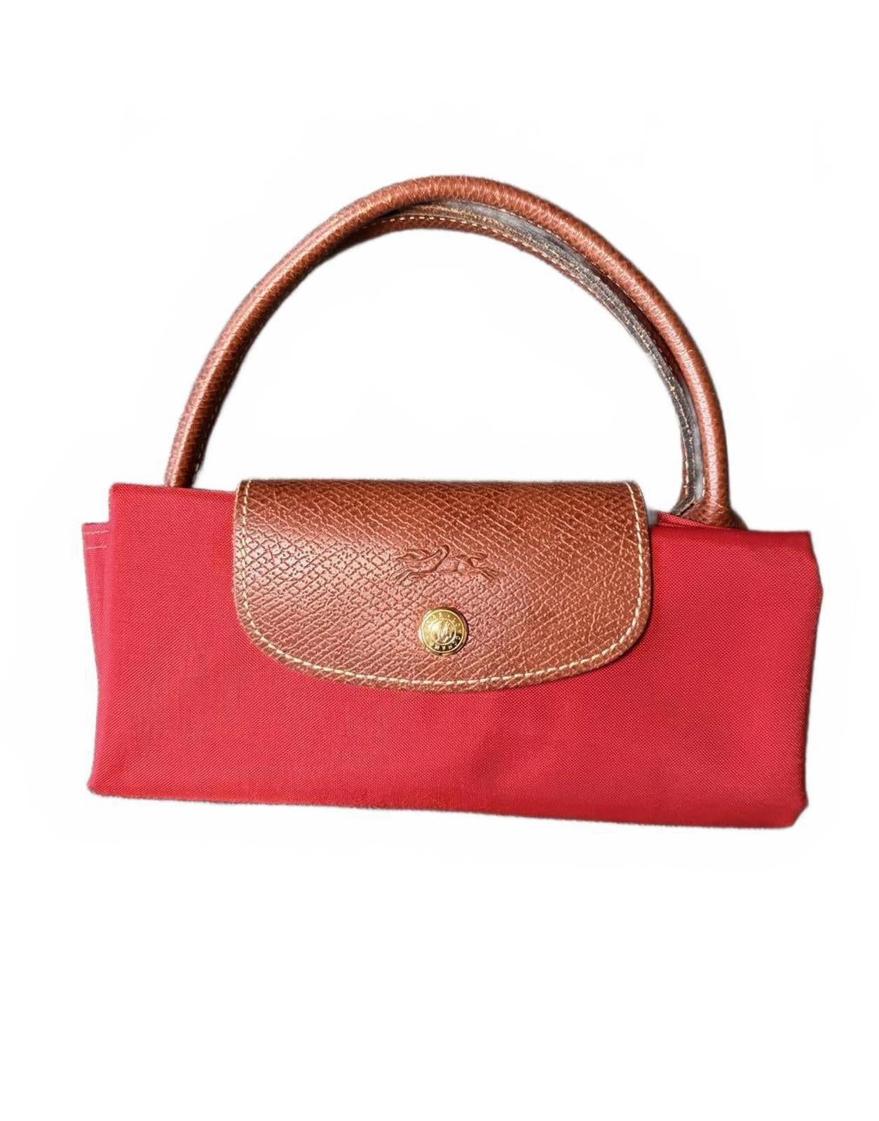 Longchamp Le Pliage Red Nylon and Brown Leather Handbag