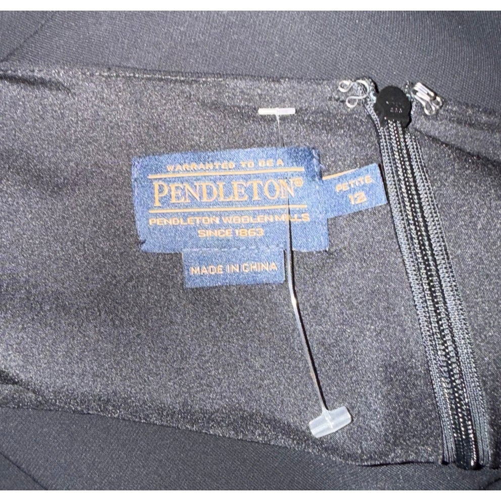 Pendleton neckline label marked Petite 12 and Made in China, beside the zipper and hook closure.