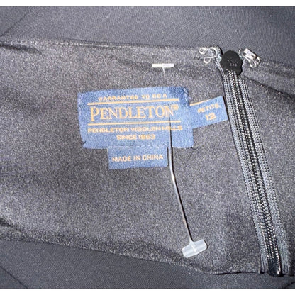 Pendleton neckline label marked Petite 12 and Made in China, beside the zipper and hook closure.