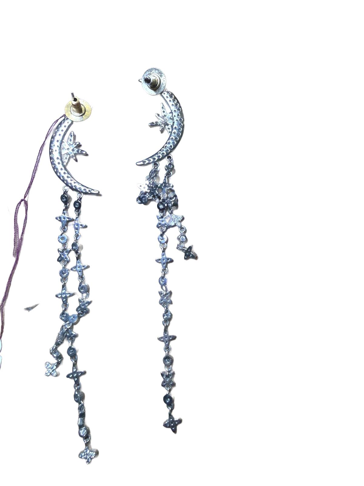 Silver Tone Crescent Moon and Cross Dangle Earrings
