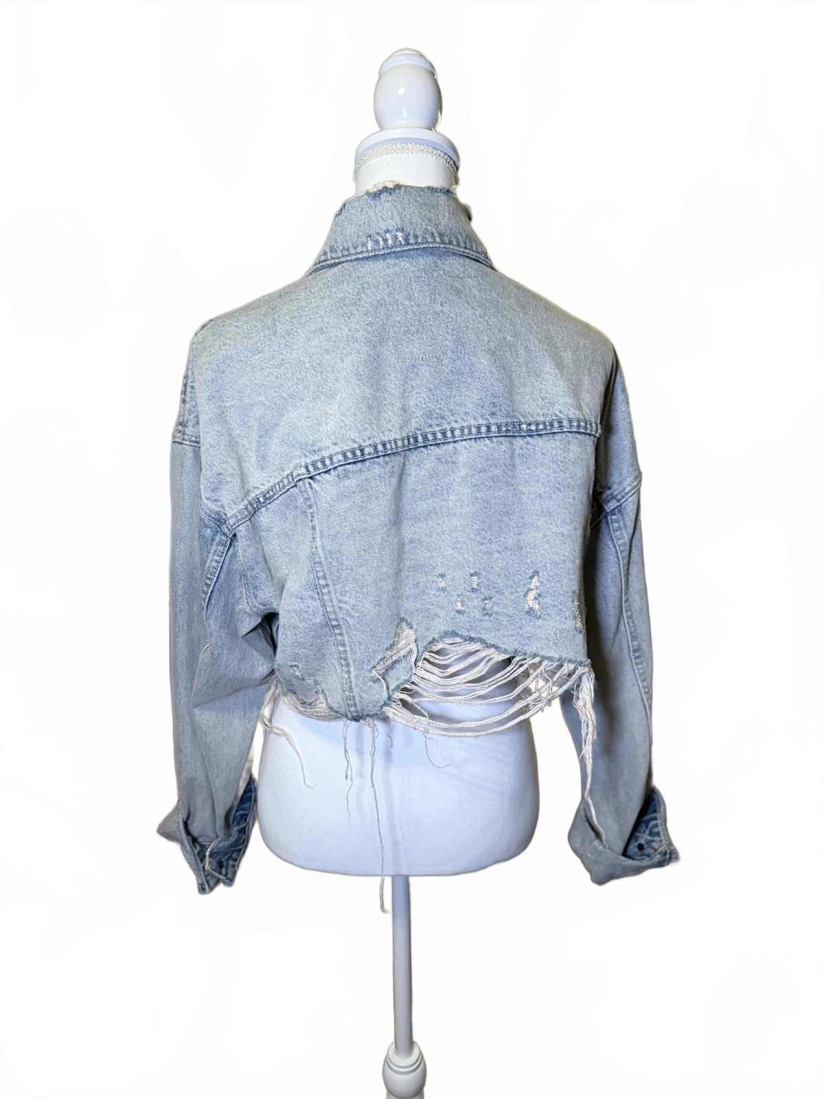 Alexander Wang Cropped Distressed Light Wash Denim Jacket, Medium