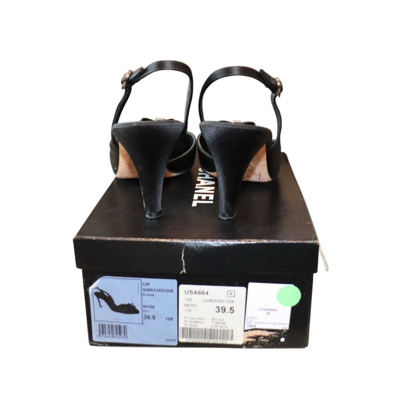 Chanel Black Satin Slingback Heels With Bow Detail Size 39.5 Pre-Owned With Box