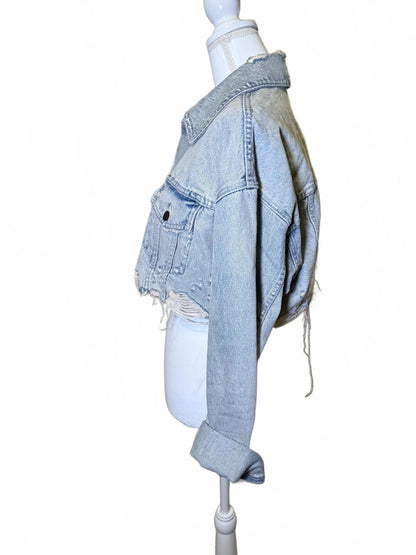 Alexander Wang Cropped Distressed Light Wash Denim Jacket, Medium