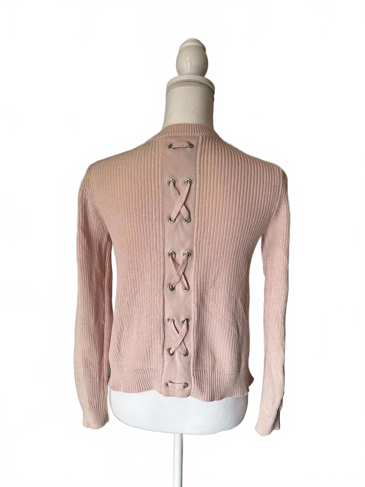 CAbi Light Pink Ribbed Knit Cardigan with Lace-Up Back Detail
