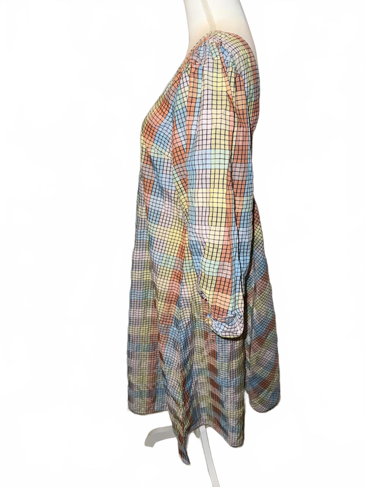 New Ganni Checkered Seersucker Puff-Sleeve Dress