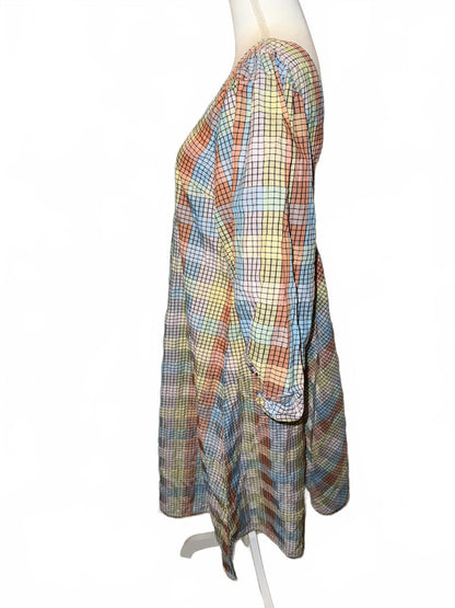 New Ganni Checkered Seersucker Puff-Sleeve Dress