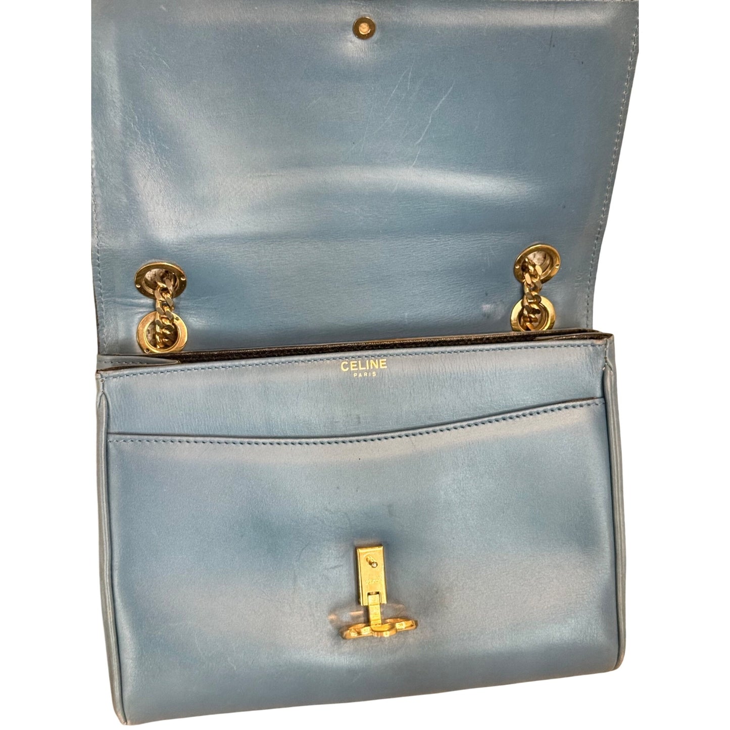 Celine Blue Vintage Leather Chain Strap Shoulder Bag With Gold Hardware