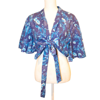 Coniglio Floral Kimono Wrap Top Blue Cranes Tie Front, NWT