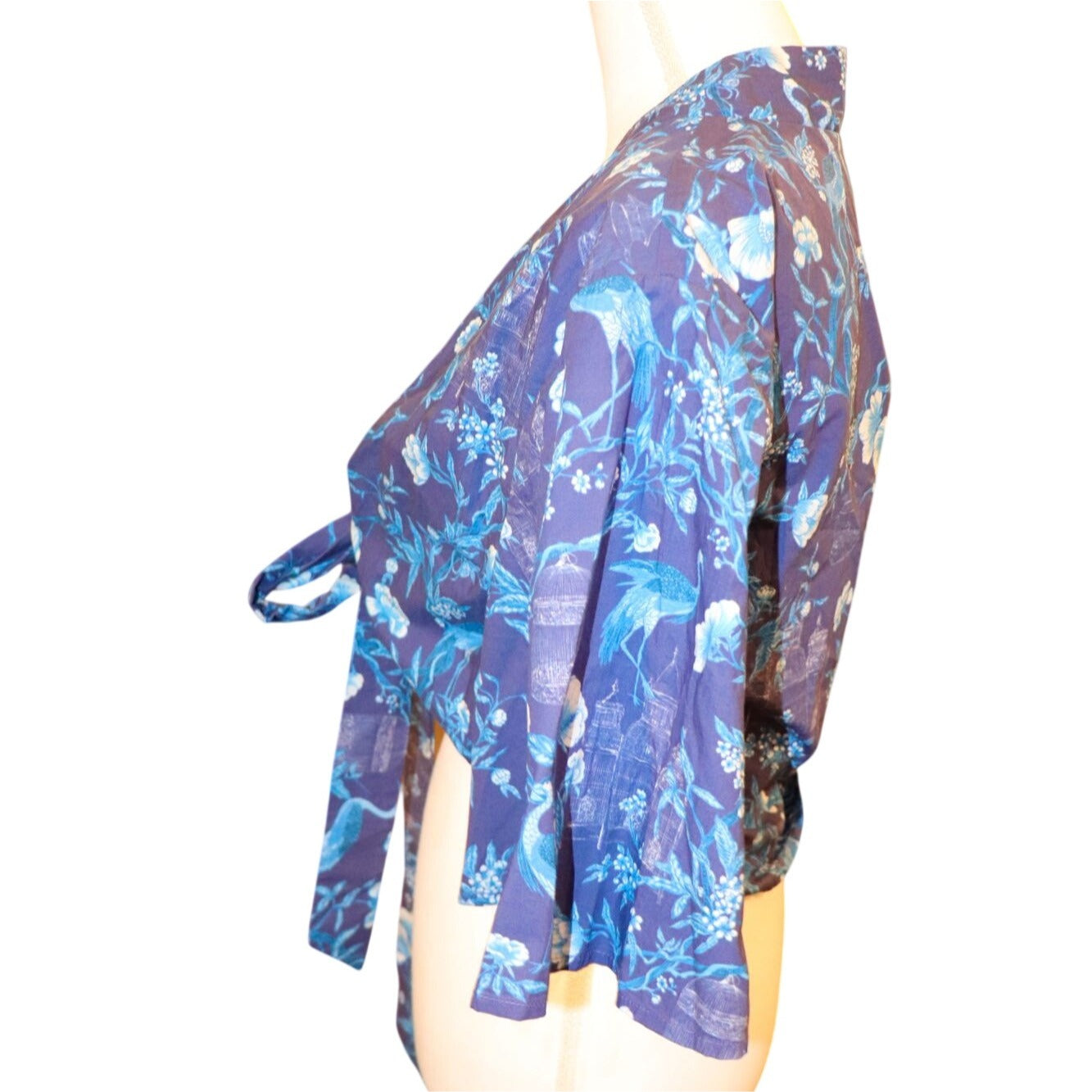 Coniglio Floral Kimono Wrap Top Blue Cranes Tie Front, NWT