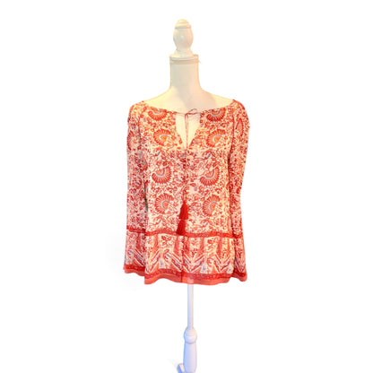 Tory Burch Womens Printed Silk Blouse With Tassels Boho Style Size 4