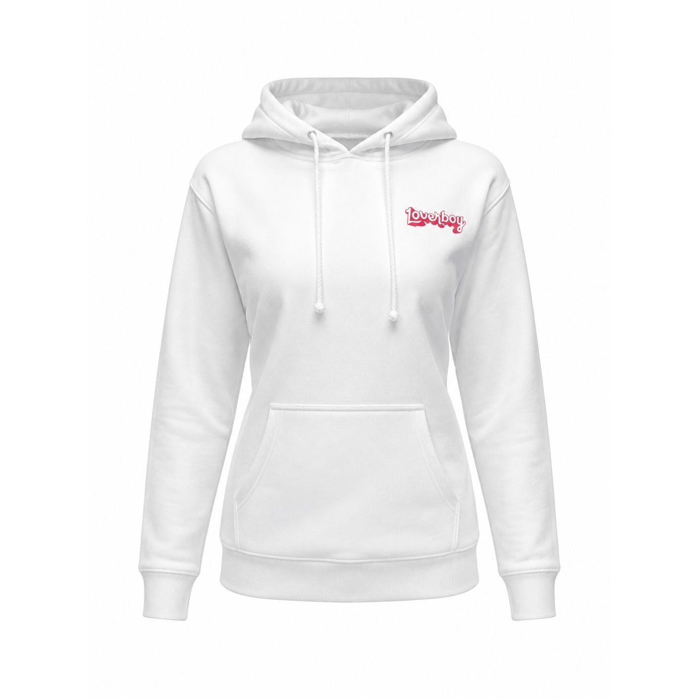 Loverboy White Hoodie With "No Regrets" & "Good Times" Back Graphics Kangaroo Pocket Drawstring Hood Unisex Fit
