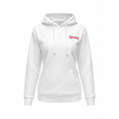 Loverboy White Hoodie With "No Regrets" & "Good Times" Back Graphics Kangaroo Pocket Drawstring Hood Unisex Fit
