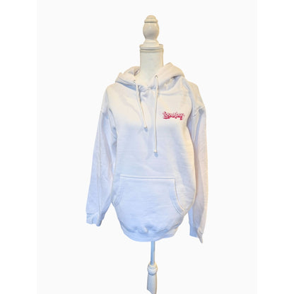 Loverboy White Hoodie With "No Regrets" & "Good Times" Back Graphics Kangaroo Pocket Drawstring Hood Unisex Fit