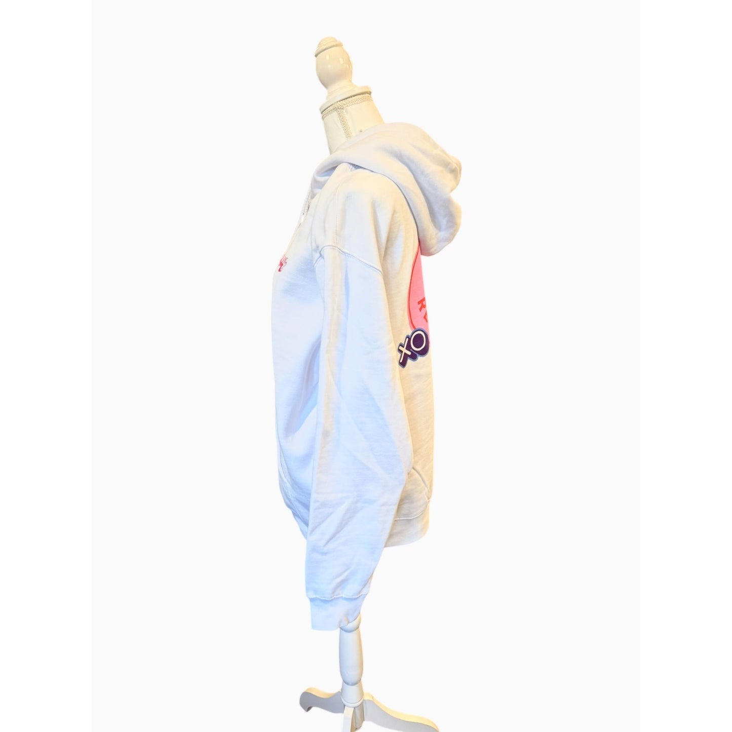 Loverboy White Hoodie With "No Regrets" & "Good Times" Back Graphics Kangaroo Pocket Drawstring Hood Unisex Fit