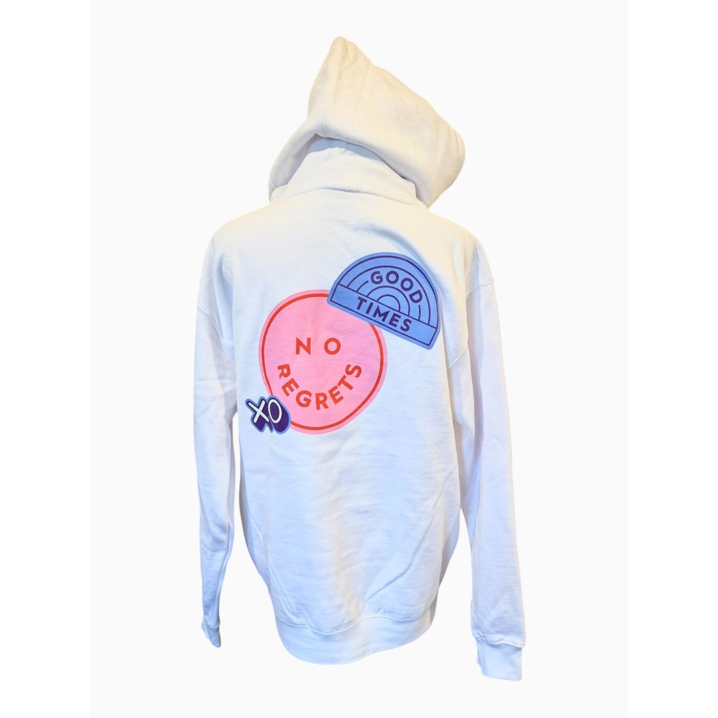 Loverboy White Hoodie With "No Regrets" & "Good Times" Back Graphics Kangaroo Pocket Drawstring Hood Unisex Fit