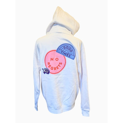 Loverboy White Hoodie With "No Regrets" & "Good Times" Back Graphics Kangaroo Pocket Drawstring Hood Unisex Fit