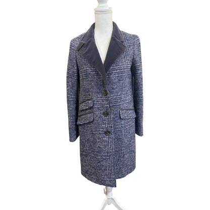 Etro Blue Plaid Wool Blend Coat With Velvet Collar Leather Top Button size 44