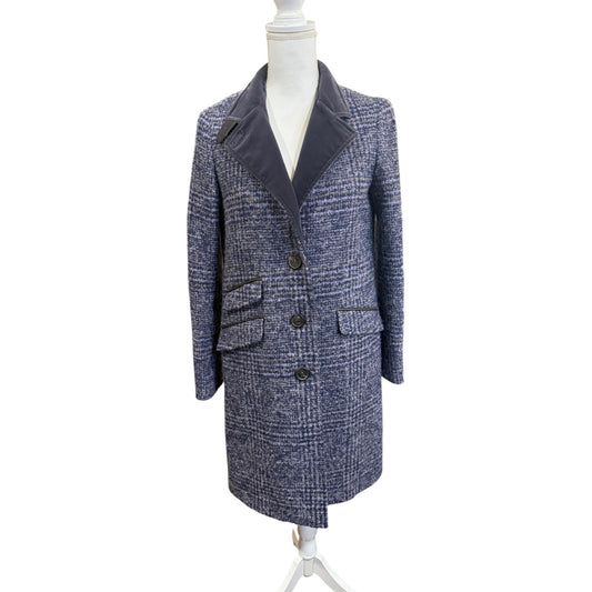 Etro Blue Plaid Wool Blend Coat With Velvet Collar Leather Top Button size 44