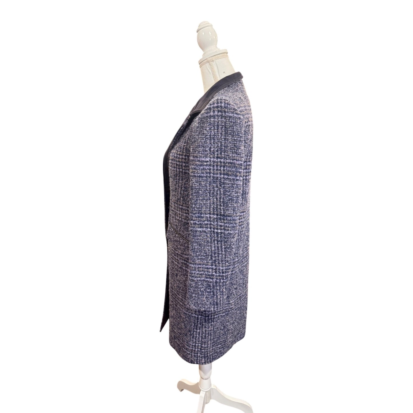 Etro Blue Plaid Wool Blend Coat With Velvet Collar Leather Top Button size 44