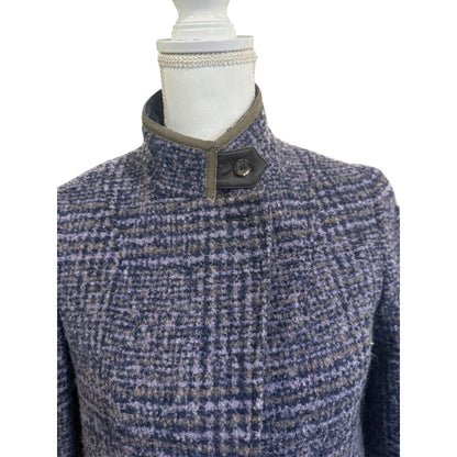Etro Blue Plaid Wool Blend Coat With Velvet Collar Leather Top Button size 44